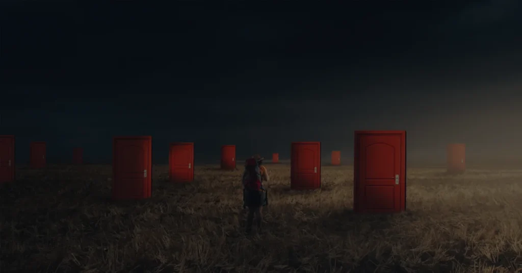 dark mysterious landscape with many doors